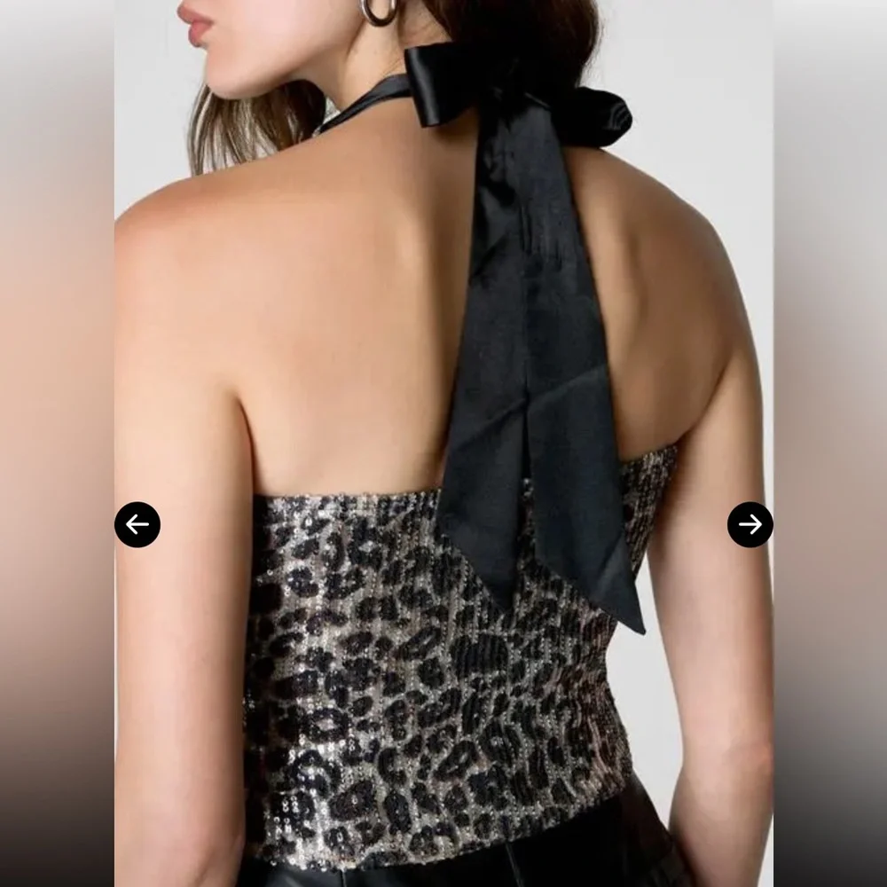 Nasty Gal Sequin Animal Print w Satin Halter Crop Top, Black, Sz Small, NWOT - Picture 6 of 11